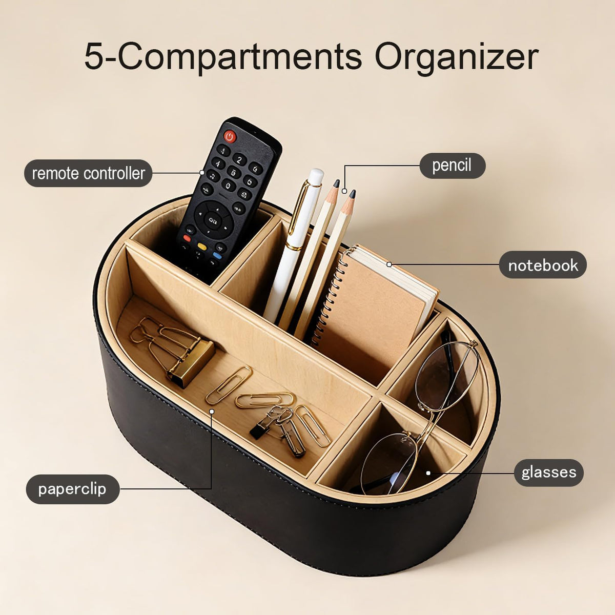 KINGFOM PU Leather Desk Organizer with Multi Compartments, Desktop Caddy Holder for Remote Controls, Pens, Makeup Brushes, Office Accessories (Beige)