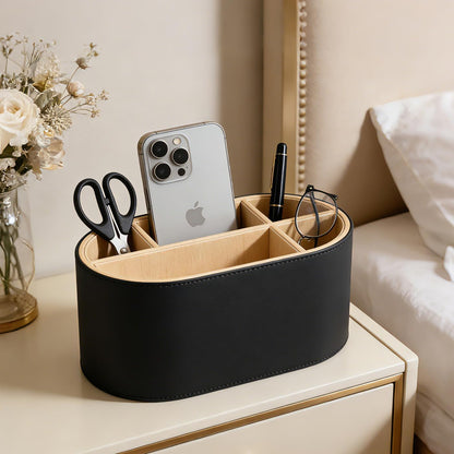 KINGFOM PU Leather Desk Organizer with Multi Compartments, Desktop Caddy Holder for Remote Controls, Pens, Makeup Brushes, Office Accessories (Beige)