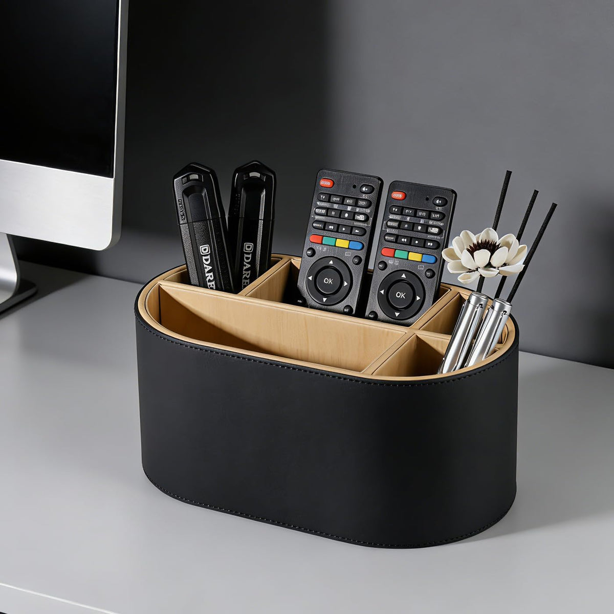 KINGFOM PU Leather Desk Organizer with Multi Compartments, Desktop Caddy Holder for Remote Controls, Pens, Makeup Brushes, Office Accessories (Beige)