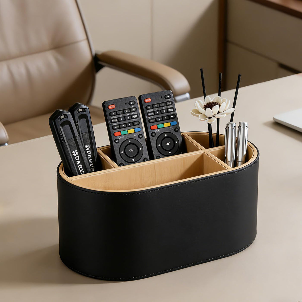 KINGFOM PU Leather Desk Organizer with Multi Compartments, Desktop Caddy Holder for Remote Controls, Pens, Makeup Brushes, Office Accessories (Beige)