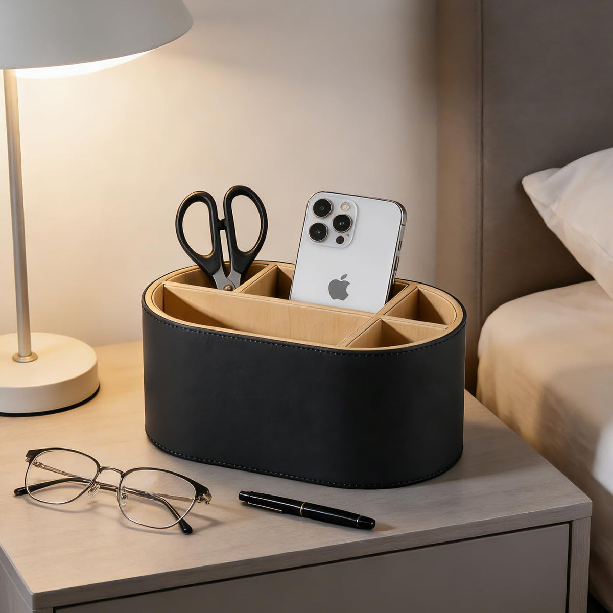 KINGFOM PU Leather Desk Organizer with Multi Compartments, Desktop Caddy Holder for Remote Controls, Pens, Makeup Brushes, Office Accessories (Beige)