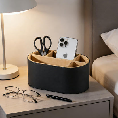 KINGFOM PU Leather Desk Organizer with Multi Compartments, Desktop Caddy Holder for Remote Controls, Pens, Makeup Brushes, Office Accessories (Beige)