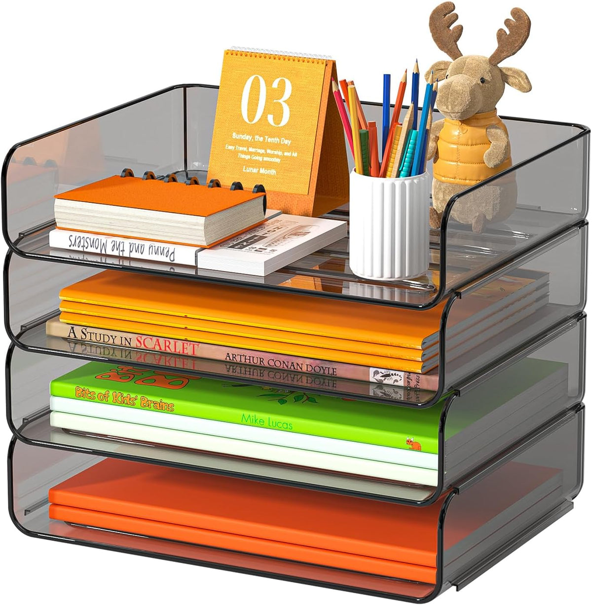 4-Tier Acrylic Paper Tray Organizer Brown Stackable Paper Organizer