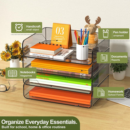 4-Tier Acrylic Paper Tray Organizer Brown Stackable Paper Organizer