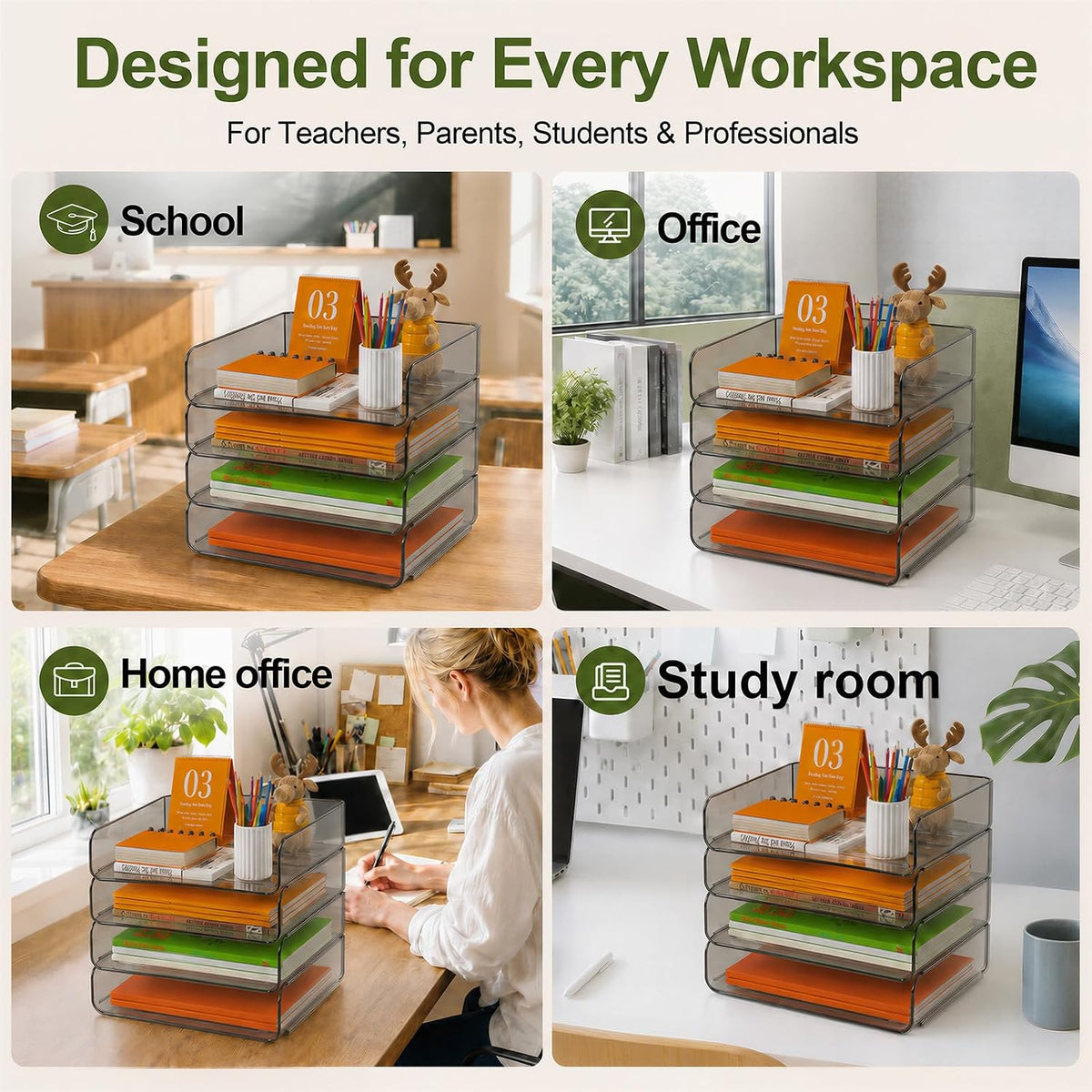 4-Tier Acrylic Paper Tray Organizer Brown Stackable Paper Organizer