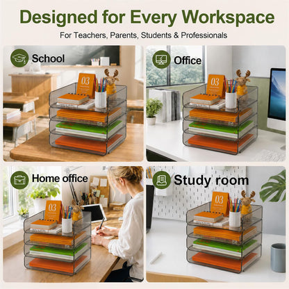4-Tier Acrylic Paper Tray Organizer Brown Stackable Paper Organizer