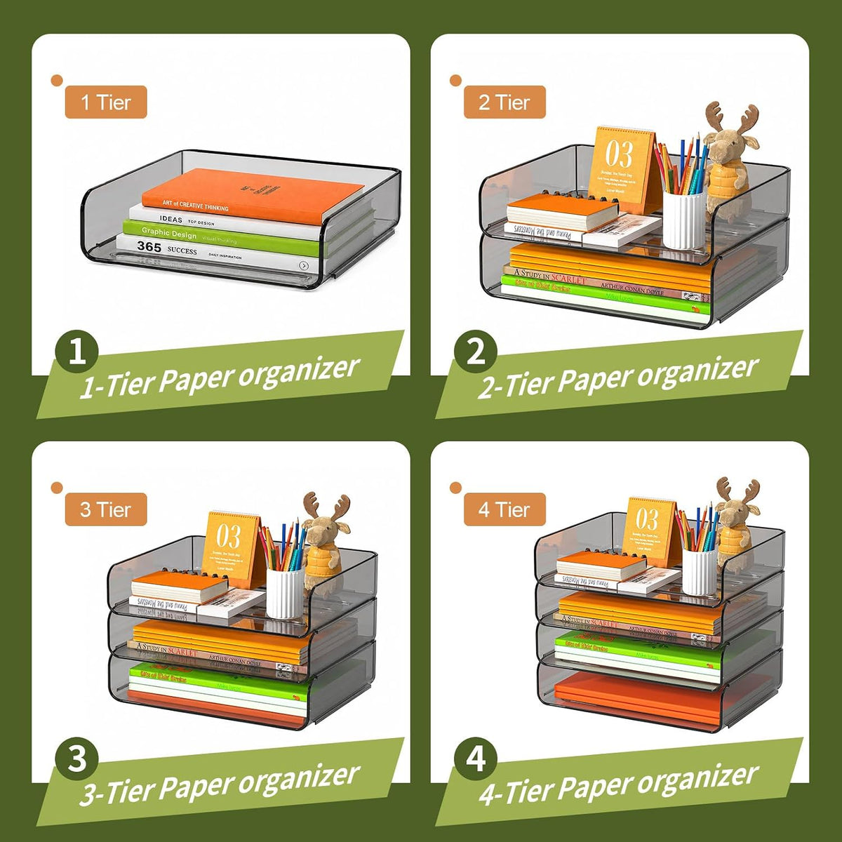 4-Tier Acrylic Paper Tray Organizer Brown Stackable Paper Organizer