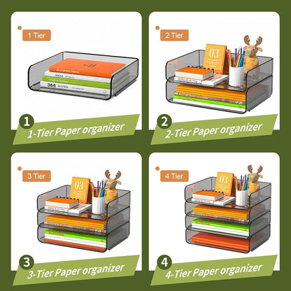 4-Tier Acrylic Paper Tray Organizer Brown Stackable Paper Organizer