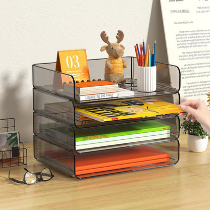 4-Tier Acrylic Paper Tray Organizer Brown Stackable Paper Organizer