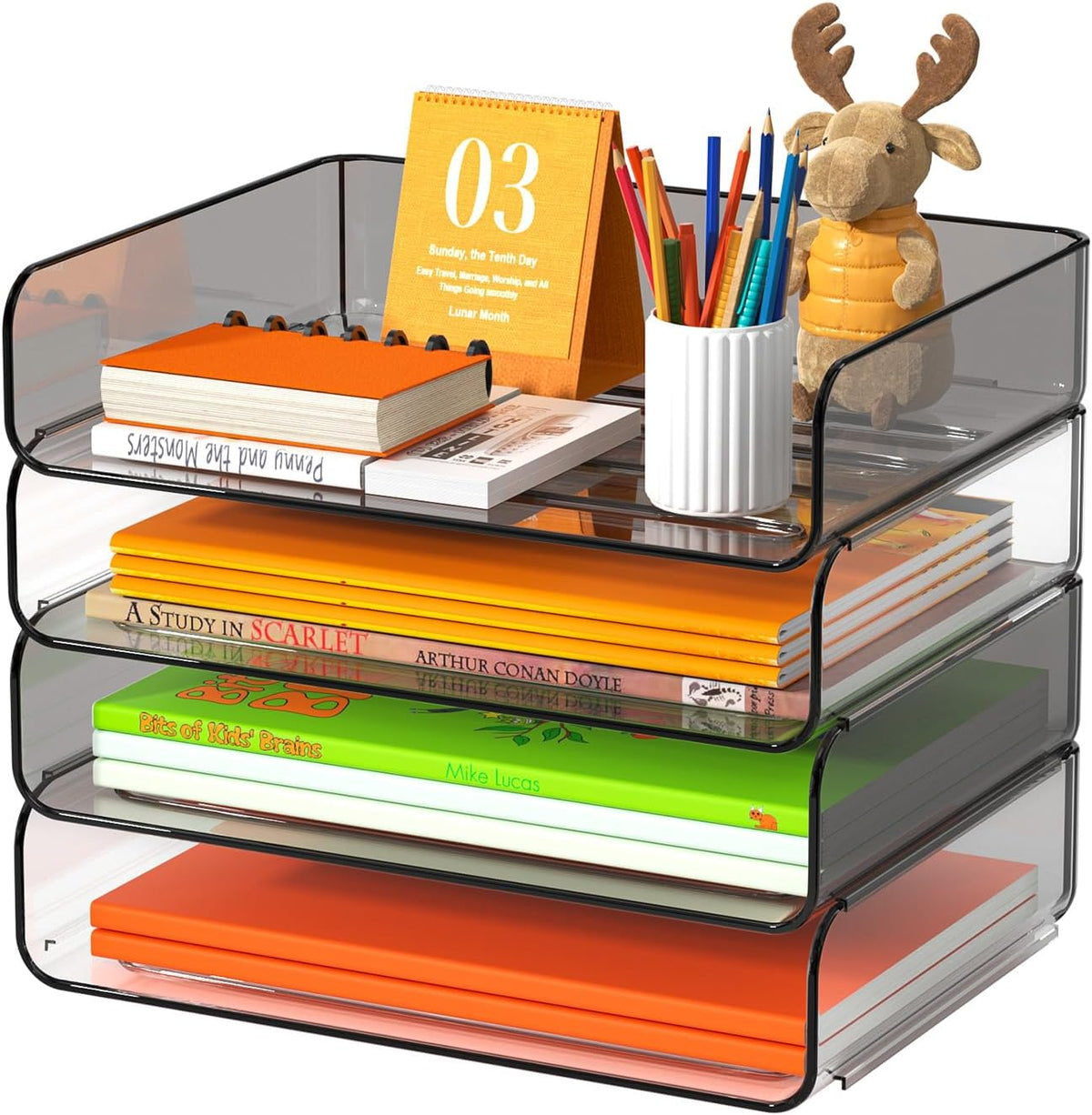 4-Tier Acrylic Paper Tray Organizer Brown Stackable Paper Organizer