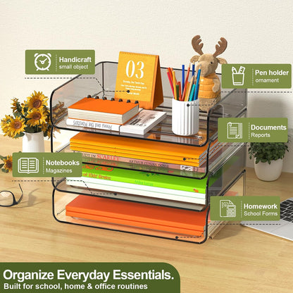 4-Tier Acrylic Paper Tray Organizer Brown Stackable Paper Organizer