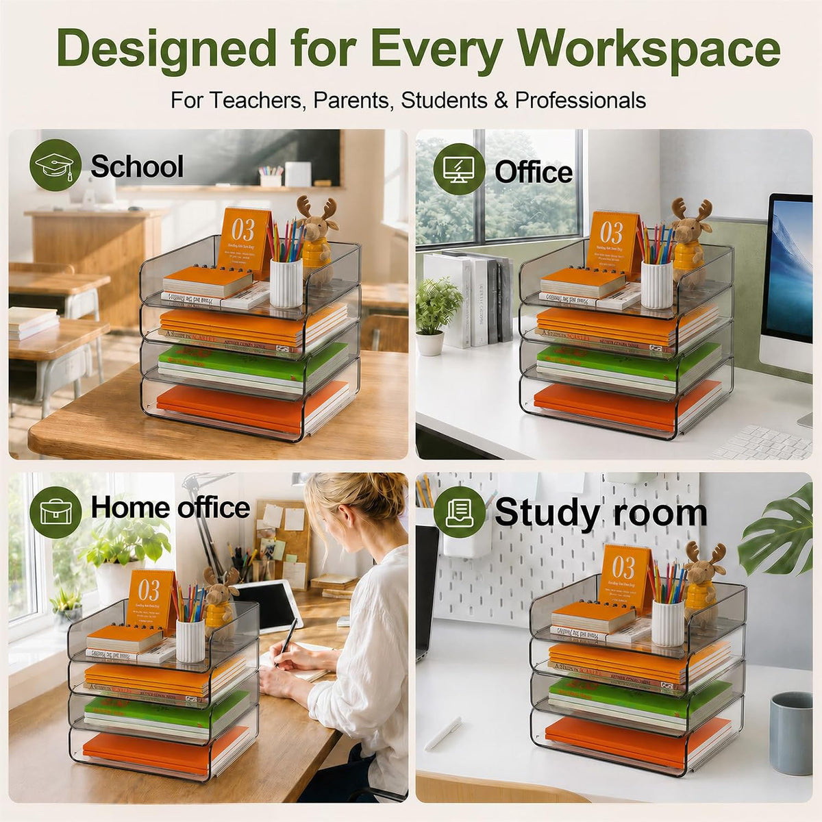 4-Tier Acrylic Paper Tray Organizer Brown Stackable Paper Organizer