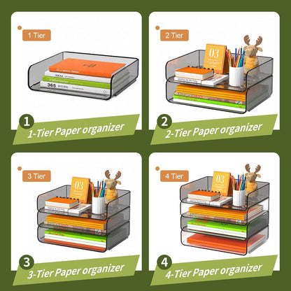 4-Tier Acrylic Paper Tray Organizer Brown Stackable Paper Organizer