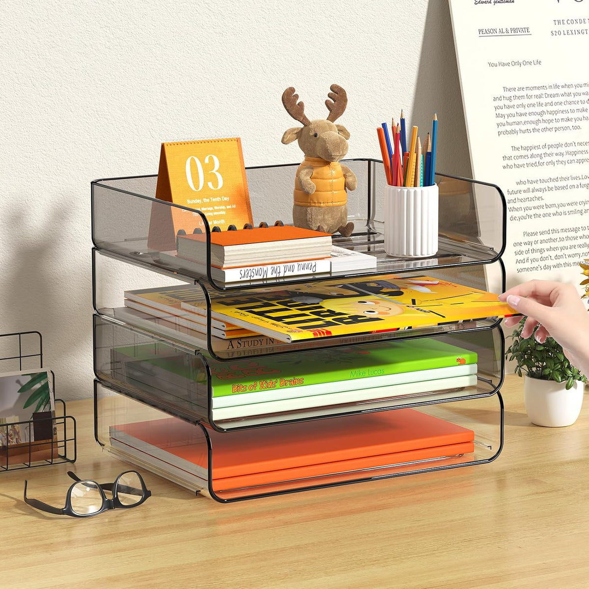 4-Tier Acrylic Paper Tray Organizer Brown Stackable Paper Organizer