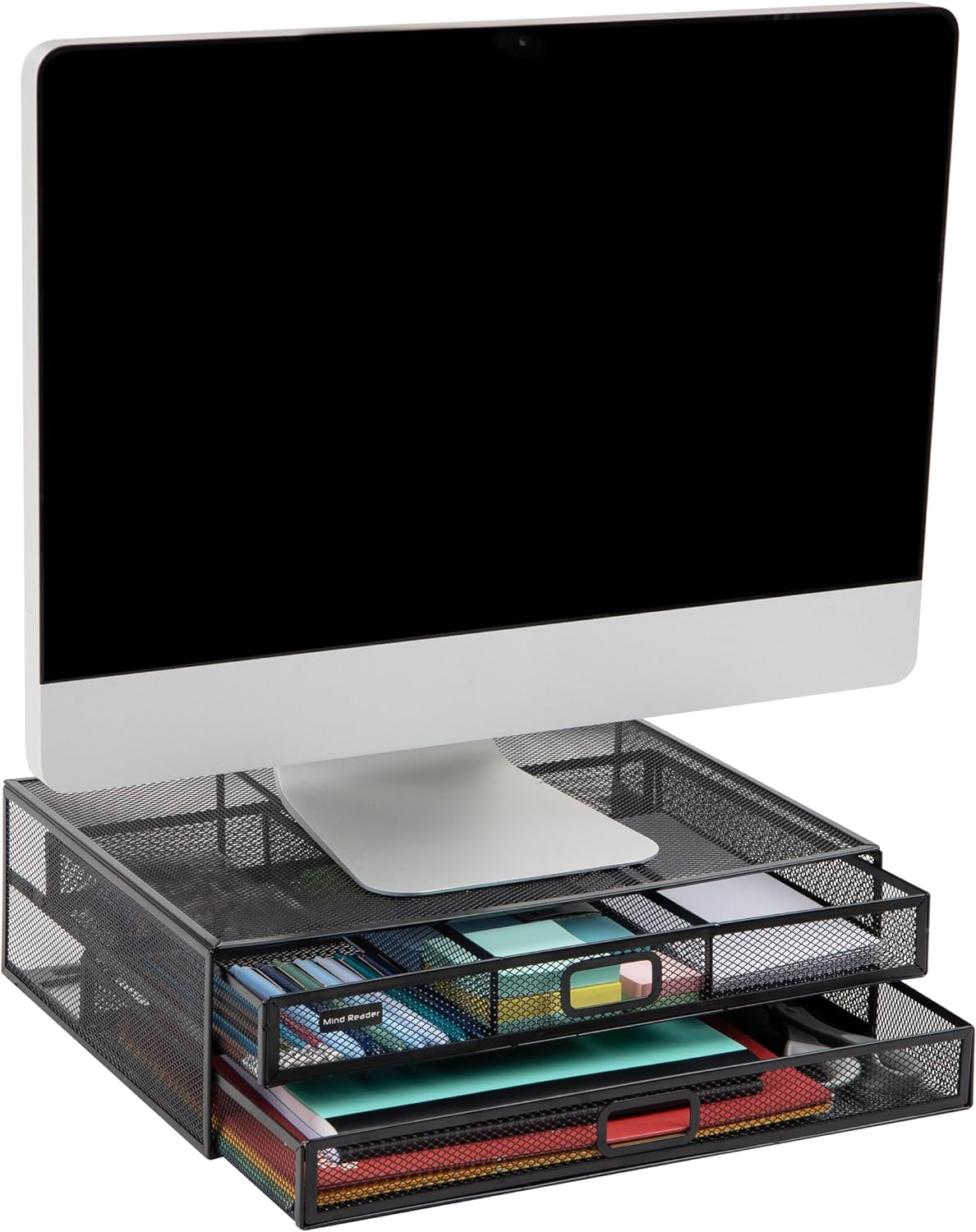 Monitor Stand, Ventilated Laptop Riser, Storage Drawer, Office, Metal Mesh, Black