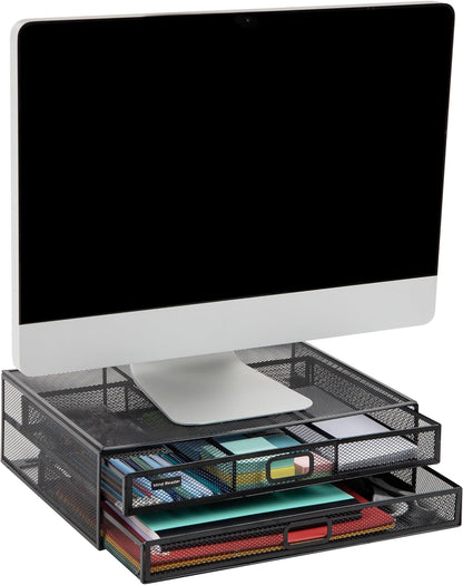 Monitor Stand, Ventilated Laptop Riser, Storage Drawer, Office, Metal Mesh, Black