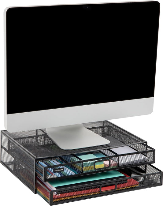 Monitor Stand, Ventilated Laptop Riser, Storage Drawer, Office, Metal Mesh, Black