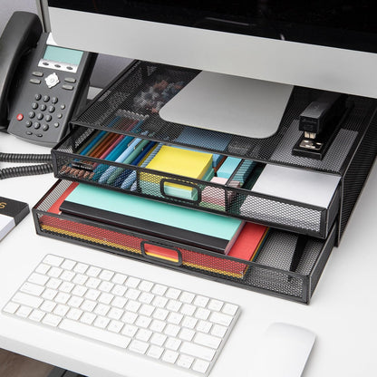 Monitor Stand, Ventilated Laptop Riser, Storage Drawer, Office, Metal Mesh, Black