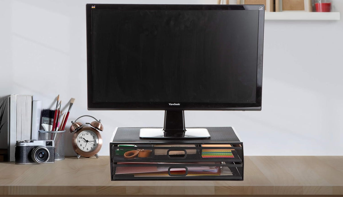 Monitor Stand, Ventilated Laptop Riser, Storage Drawer, Office, Metal Mesh, Black