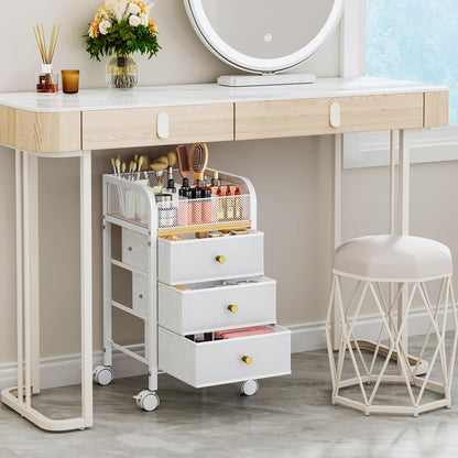 SWTYMIKI Rolling Makeup Organizer Cart - Under Desk Vanity Makeup Storage with 3 Non-woven Drawers, Nail Cart Organizer Cosmetic Display Cases Cabinet for Skin Care Perfume Nail Polish Brush Hair Tool