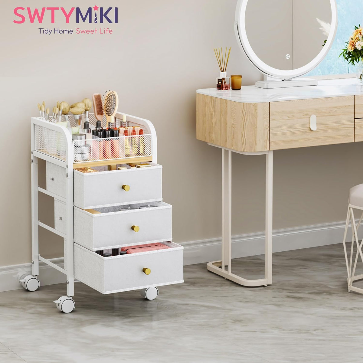 SWTYMIKI Rolling Makeup Organizer Cart - Under Desk Vanity Makeup Storage with 3 Non-woven Drawers, Nail Cart Organizer Cosmetic Display Cases Cabinet for Skin Care Perfume Nail Polish Brush Hair Tool