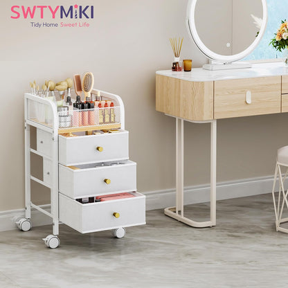 SWTYMIKI Rolling Makeup Organizer Cart - Under Desk Vanity Makeup Storage with 3 Non-woven Drawers, Nail Cart Organizer Cosmetic Display Cases Cabinet for Skin Care Perfume Nail Polish Brush Hair Tool