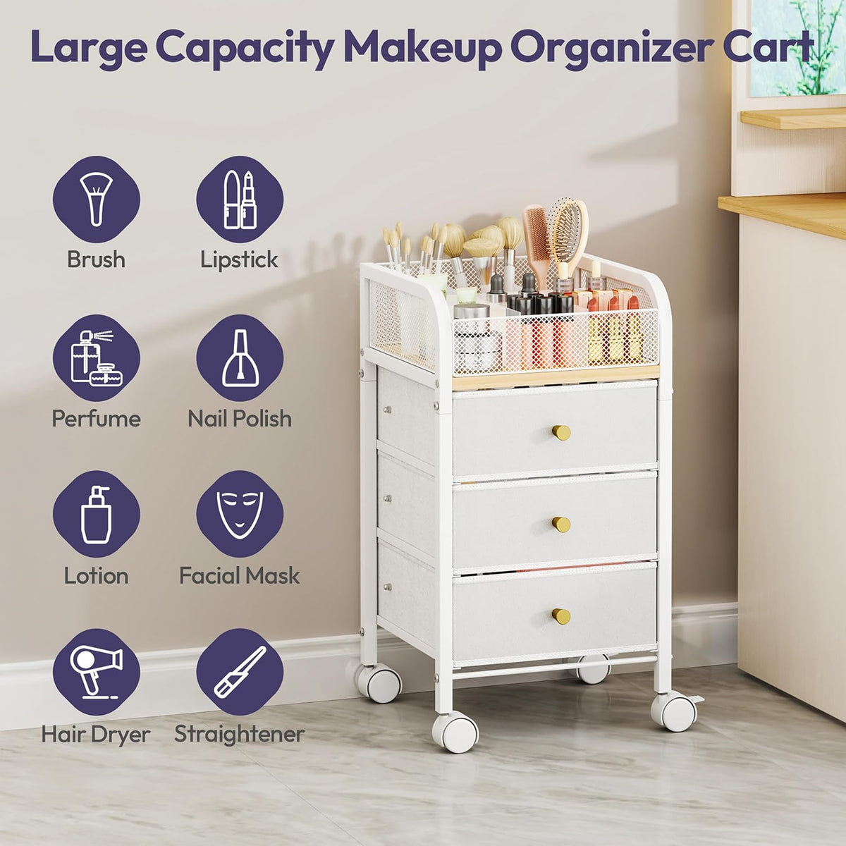 SWTYMIKI Rolling Makeup Organizer Cart - Under Desk Vanity Makeup Storage with 3 Non-woven Drawers, Nail Cart Organizer Cosmetic Display Cases Cabinet for Skin Care Perfume Nail Polish Brush Hair Tool