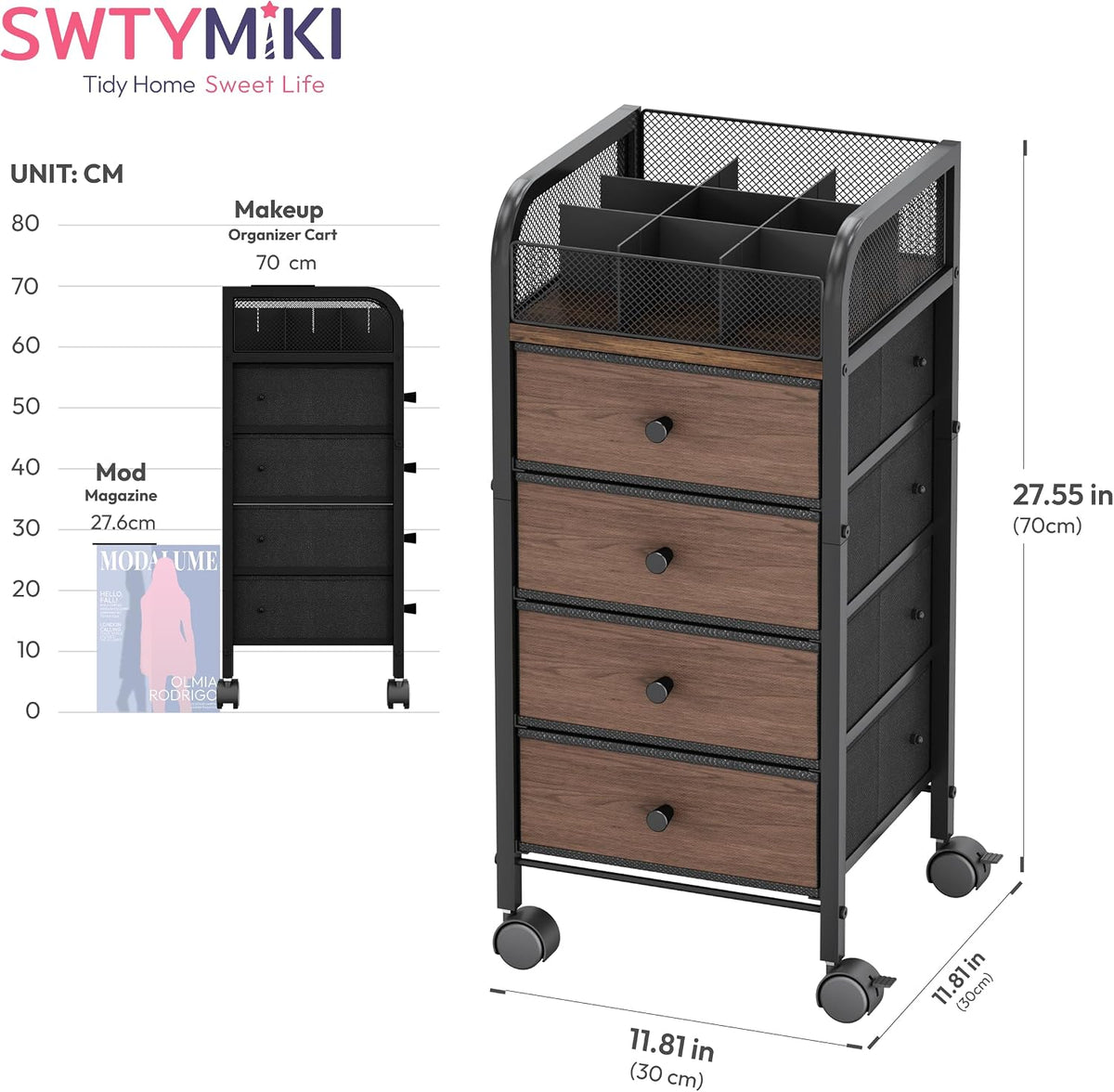SWTYMIKI Rolling Makeup Organizer Cart - Under Desk Vanity Makeup Storage with 3 Non-woven Drawers, Nail Cart Organizer Cosmetic Display Cases Cabinet for Skin Care Perfume Nail Polish Brush Hair Tool