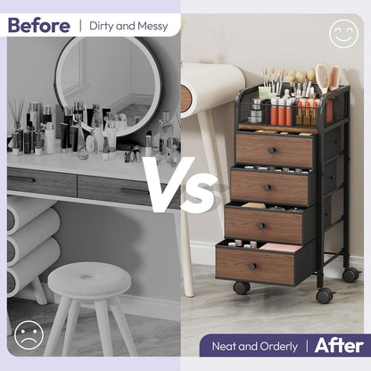 SWTYMIKI Rolling Makeup Organizer Cart - Under Desk Vanity Makeup Storage with 3 Non-woven Drawers, Nail Cart Organizer Cosmetic Display Cases Cabinet for Skin Care Perfume Nail Polish Brush Hair Tool