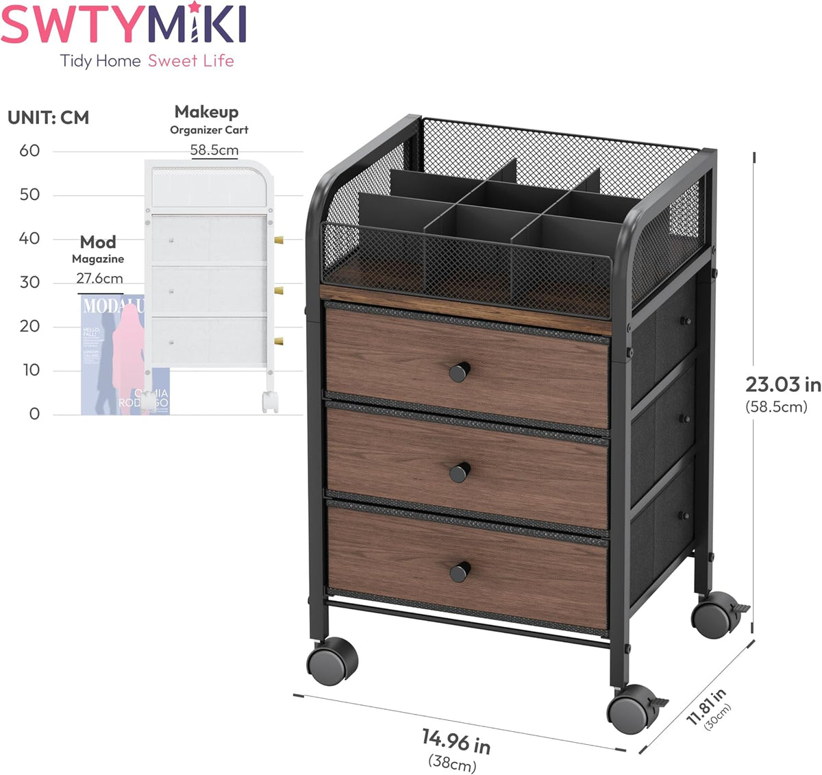 SWTYMIKI Rolling Makeup Organizer Cart - Under Desk Vanity Makeup Storage with 3 Non-woven Drawers, Nail Cart Organizer Cosmetic Display Cases Cabinet for Skin Care Perfume Nail Polish Brush Hair Tool