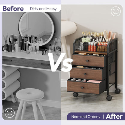SWTYMIKI Rolling Makeup Organizer Cart - Under Desk Vanity Makeup Storage with 3 Non-woven Drawers, Nail Cart Organizer Cosmetic Display Cases Cabinet for Skin Care Perfume Nail Polish Brush Hair Tool