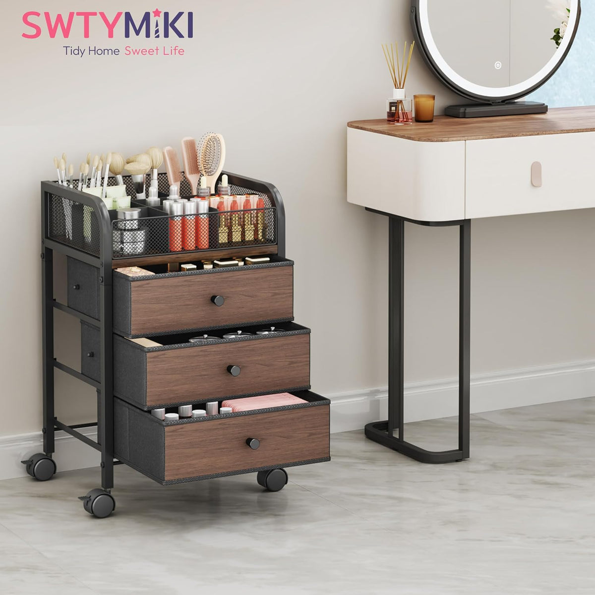 SWTYMIKI Rolling Makeup Organizer Cart - Under Desk Vanity Makeup Storage with 3 Non-woven Drawers, Nail Cart Organizer Cosmetic Display Cases Cabinet for Skin Care Perfume Nail Polish Brush Hair Tool