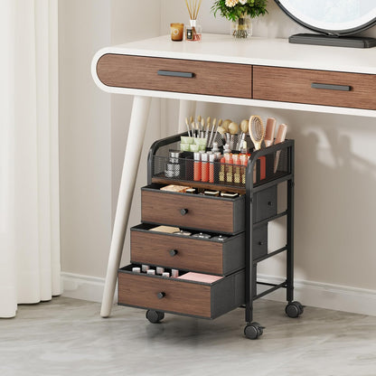 SWTYMIKI Rolling Makeup Organizer Cart - Under Desk Vanity Makeup Storage with 3 Non-woven Drawers, Nail Cart Organizer Cosmetic Display Cases Cabinet for Skin Care Perfume Nail Polish Brush Hair Tool
