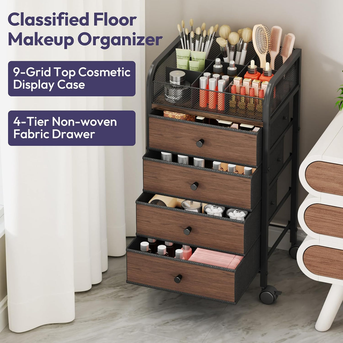 SWTYMIKI Rolling Makeup Organizer Cart - Under Desk Vanity Makeup Storage with 3 Non-woven Drawers, Nail Cart Organizer Cosmetic Display Cases Cabinet for Skin Care Perfume Nail Polish Brush Hair Tool