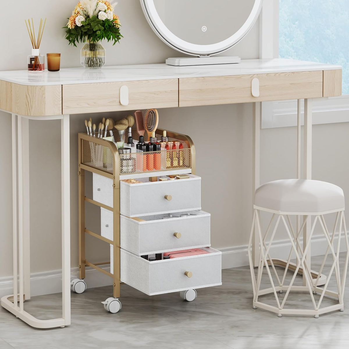 SWTYMIKI Rolling Makeup Organizer Cart - Under Desk Vanity Makeup Storage with 3 Non-woven Drawers, Nail Cart Organizer Cosmetic Display Cases Cabinet for Skin Care Perfume Nail Polish Brush Hair Tool