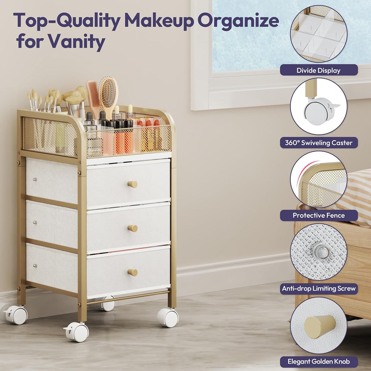 SWTYMIKI Rolling Makeup Organizer Cart - Under Desk Vanity Makeup Storage with 3 Non-woven Drawers, Nail Cart Organizer Cosmetic Display Cases Cabinet for Skin Care Perfume Nail Polish Brush Hair Tool