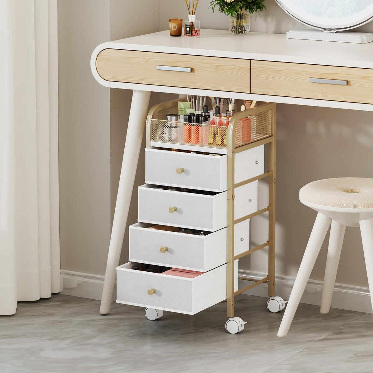 SWTYMIKI Rolling Makeup Organizer Cart - Under Desk Vanity Makeup Storage with 3 Non-woven Drawers, Nail Cart Organizer Cosmetic Display Cases Cabinet for Skin Care Perfume Nail Polish Brush Hair Tool