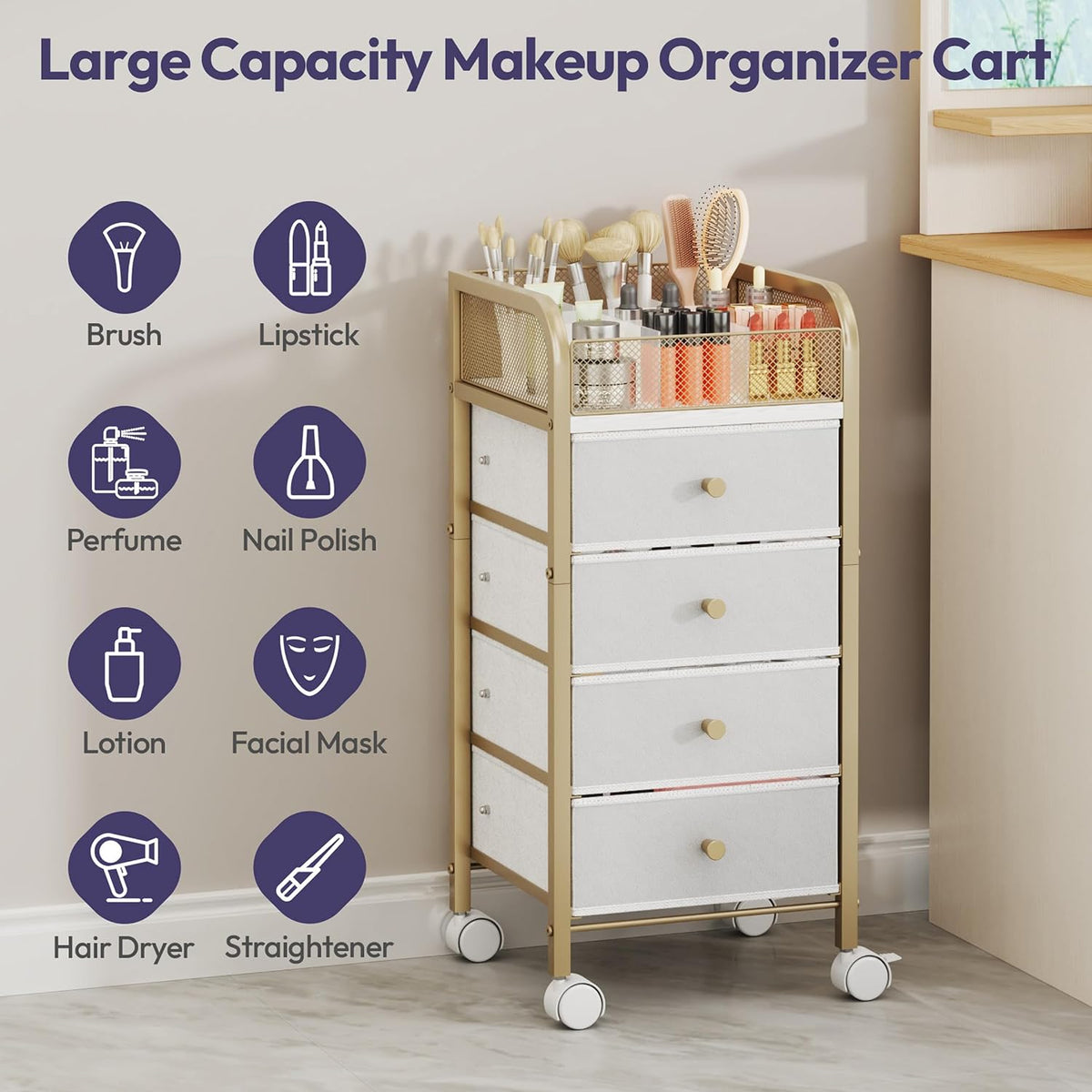 SWTYMIKI Rolling Makeup Organizer Cart - Under Desk Vanity Makeup Storage with 3 Non-woven Drawers, Nail Cart Organizer Cosmetic Display Cases Cabinet for Skin Care Perfume Nail Polish Brush Hair Tool