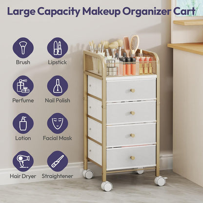 SWTYMIKI Rolling Makeup Organizer Cart - Under Desk Vanity Makeup Storage with 3 Non-woven Drawers, Nail Cart Organizer Cosmetic Display Cases Cabinet for Skin Care Perfume Nail Polish Brush Hair Tool