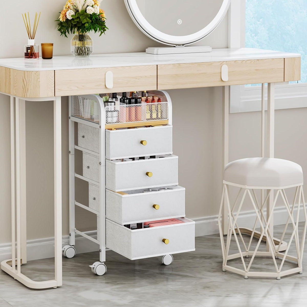 SWTYMIKI Rolling Makeup Organizer Cart - Under Desk Vanity Makeup Storage with 3 Non-woven Drawers, Nail Cart Organizer Cosmetic Display Cases Cabinet for Skin Care Perfume Nail Polish Brush Hair Tool