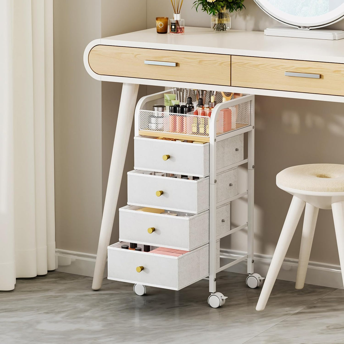 SWTYMIKI Rolling Makeup Organizer Cart - Under Desk Vanity Makeup Storage with 3 Non-woven Drawers, Nail Cart Organizer Cosmetic Display Cases Cabinet for Skin Care Perfume Nail Polish Brush Hair Tool