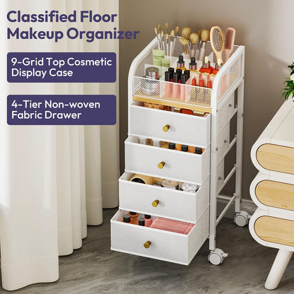 SWTYMIKI Rolling Makeup Organizer Cart - Under Desk Vanity Makeup Storage with 3 Non-woven Drawers, Nail Cart Organizer Cosmetic Display Cases Cabinet for Skin Care Perfume Nail Polish Brush Hair Tool