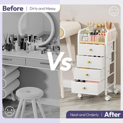 SWTYMIKI Rolling Makeup Organizer Cart - Under Desk Vanity Makeup Storage with 3 Non-woven Drawers, Nail Cart Organizer Cosmetic Display Cases Cabinet for Skin Care Perfume Nail Polish Brush Hair Tool