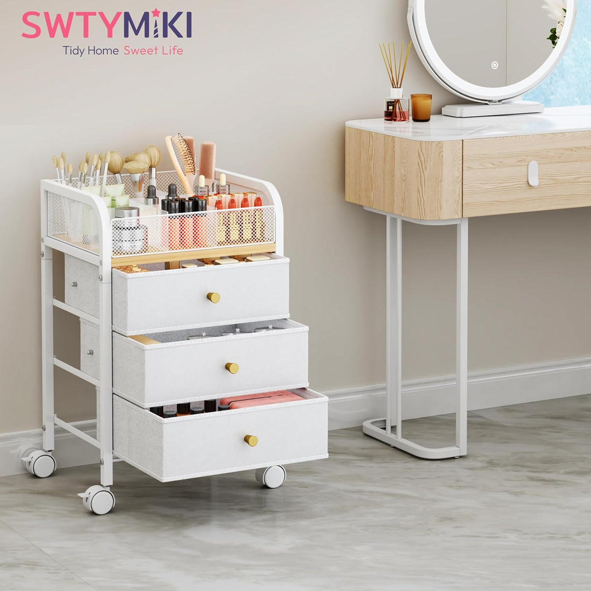 SWTYMIKI Rolling Makeup Organizer Cart - Under Desk Vanity Makeup Storage with 3 Non-woven Drawers, Nail Cart Organizer Cosmetic Display Cases Cabinet for Skin Care Perfume Nail Polish Brush Hair Tool