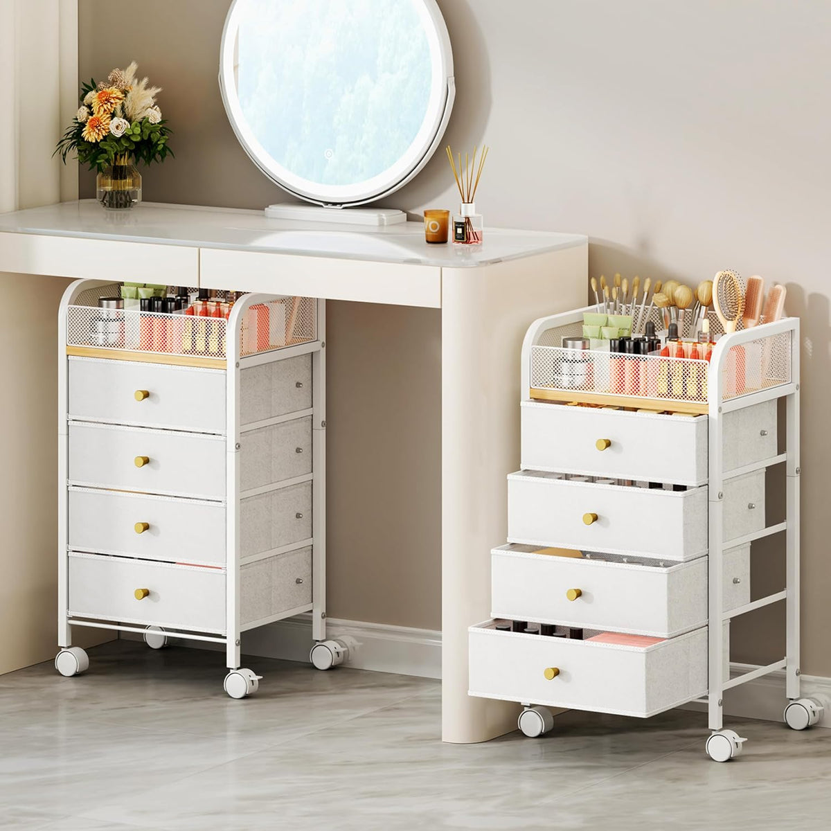 SWTYMIKI Rolling Makeup Organizer Cart - Under Desk Vanity Makeup Storage with 3 Non-woven Drawers, Nail Cart Organizer Cosmetic Display Cases Cabinet for Skin Care Perfume Nail Polish Brush Hair Tool