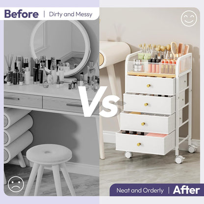 SWTYMIKI Rolling Makeup Organizer Cart - Under Desk Vanity Makeup Storage with 3 Non-woven Drawers, Nail Cart Organizer Cosmetic Display Cases Cabinet for Skin Care Perfume Nail Polish Brush Hair Tool