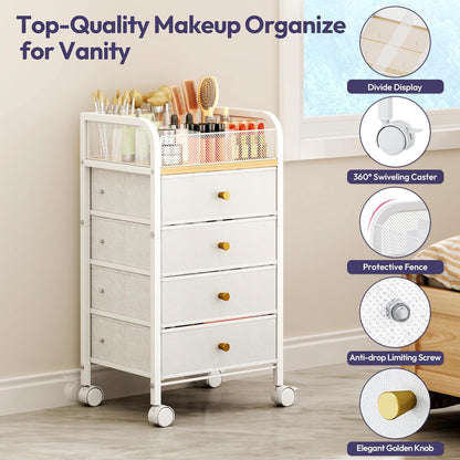 SWTYMIKI Rolling Makeup Organizer Cart - Under Desk Vanity Makeup Storage with 3 Non-woven Drawers, Nail Cart Organizer Cosmetic Display Cases Cabinet for Skin Care Perfume Nail Polish Brush Hair Tool