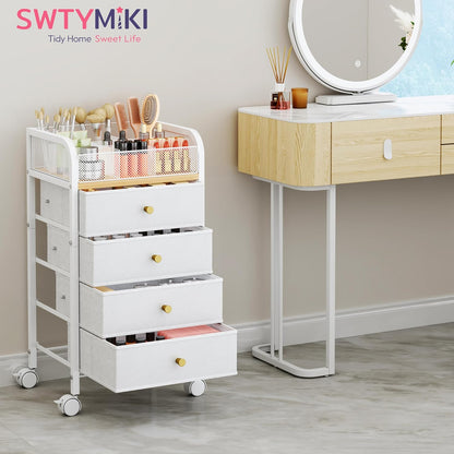 SWTYMIKI Rolling Makeup Organizer Cart - Under Desk Vanity Makeup Storage with 3 Non-woven Drawers, Nail Cart Organizer Cosmetic Display Cases Cabinet for Skin Care Perfume Nail Polish Brush Hair Tool