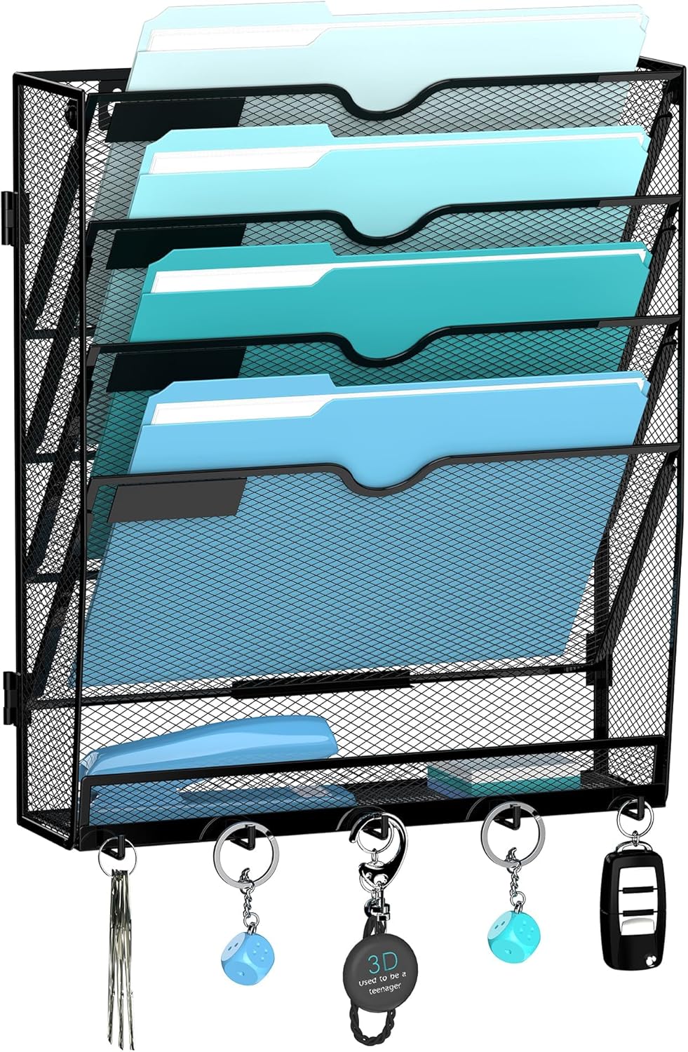 5-Tier Wall File Organizer and Mail Organizer with 5 Hooks, Black