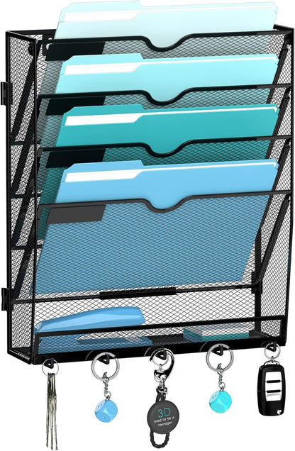5-Tier Wall File Organizer and Mail Organizer with 5 Hooks, Black
